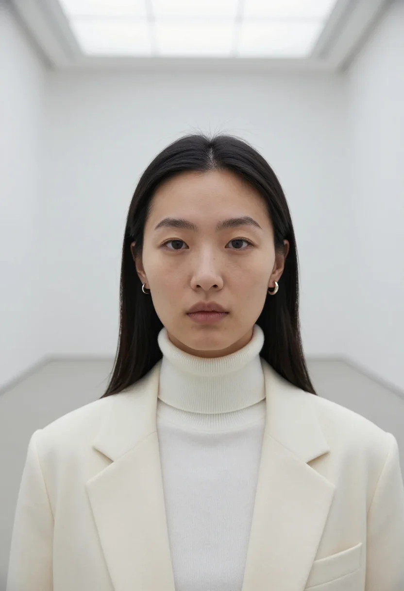 AI gallerist winter white sample — portrait of a woman, framed very tight on the face, an East-