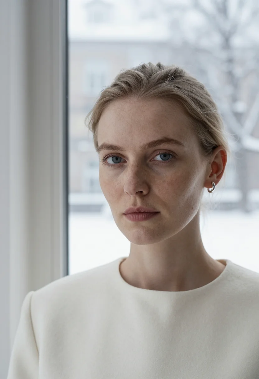 AI gallerist winter white sample — portrait of a woman, framed very tight on the face, a Wester