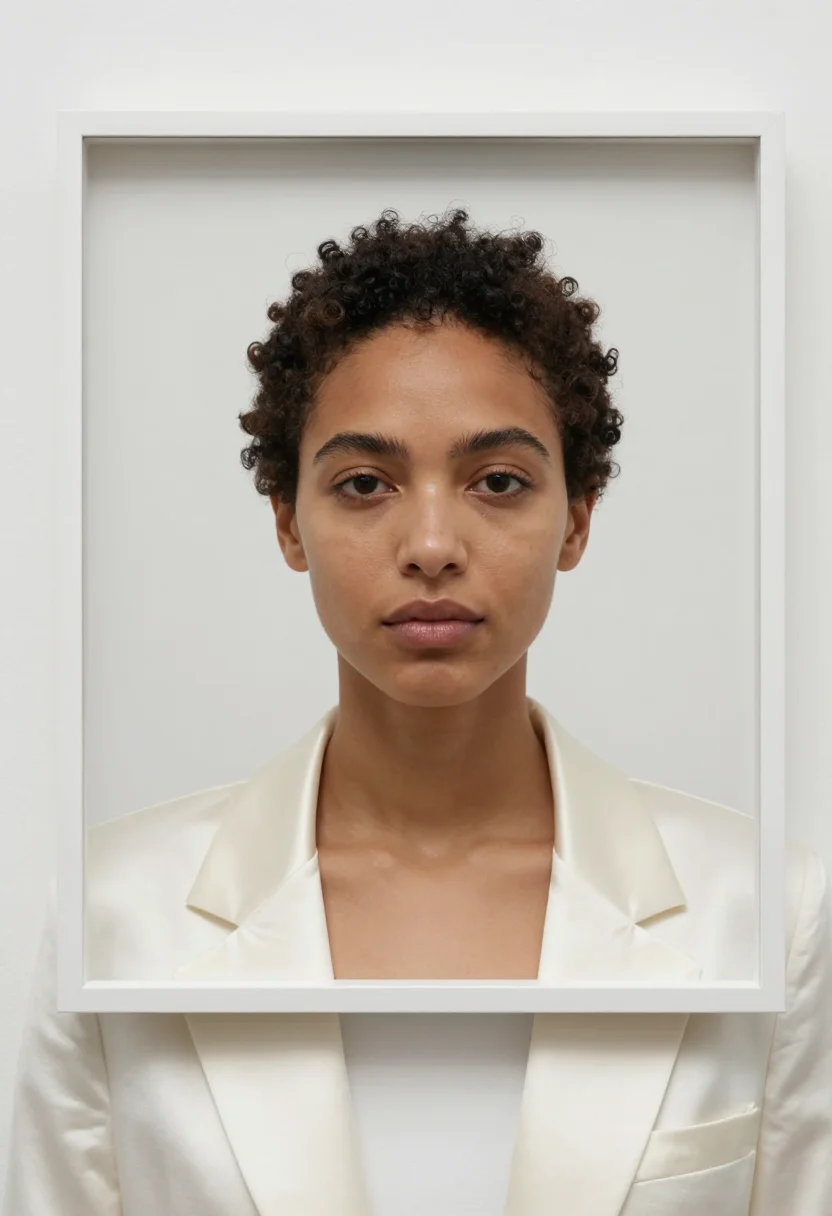 AI gallerist winter white sample — portrait of a woman, framed very tight on the face, a mixed-
