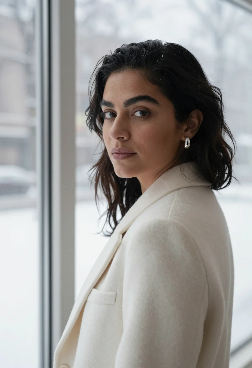 AI gallerist winter white sample — portrait of a woman, framed tight, head and shoulders, a Lat
