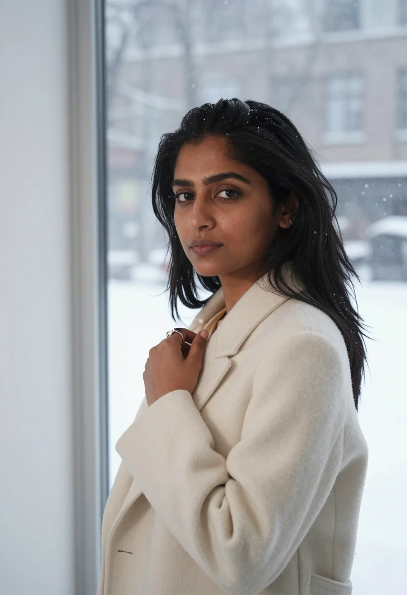 AI gallerist winter white sample — portrait of a woman, framed chest-up, a South-Asian woman in