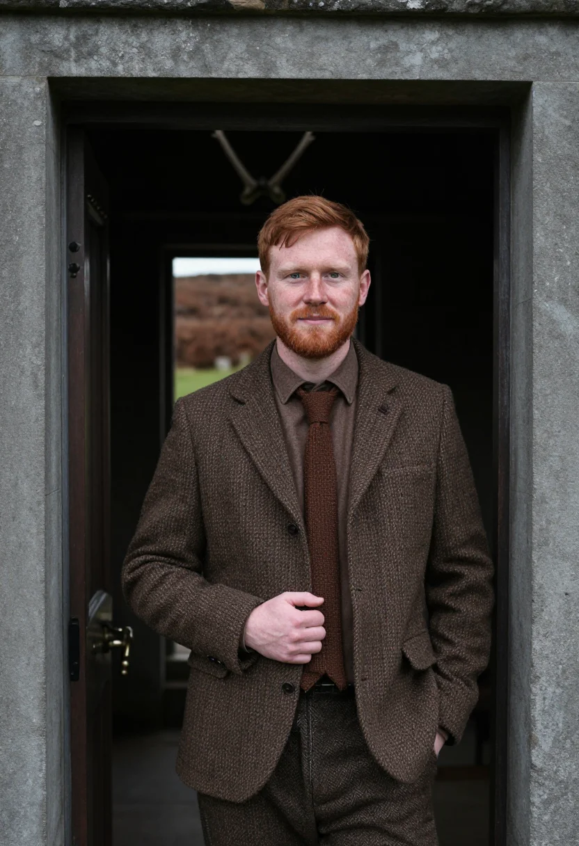 AI gamekeeper october tweed sample — portrait of a man, half-length portrait of a Scottish man in