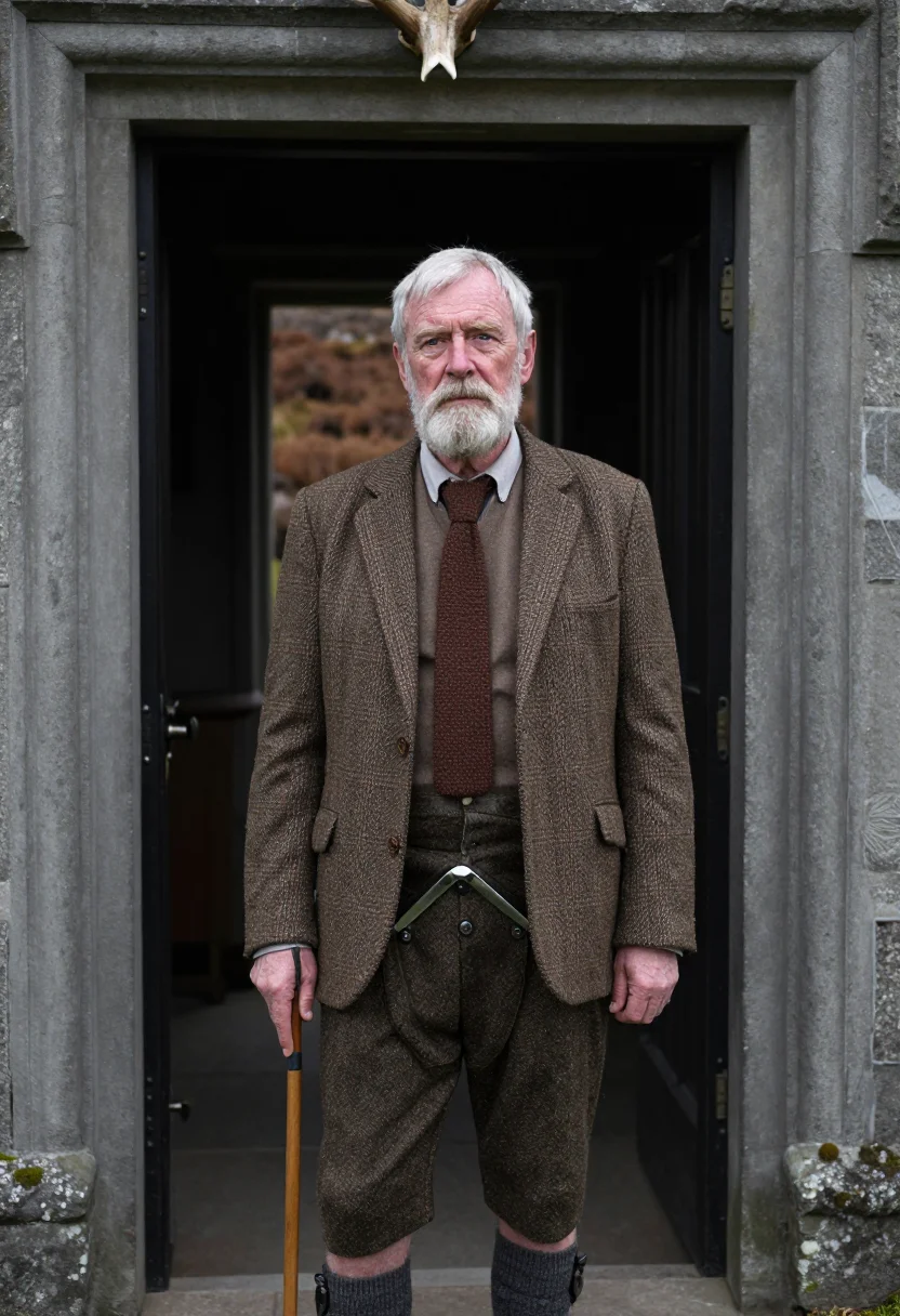 AI gamekeeper october tweed sample — portrait of a man, three-quarter-length portrait of a Scotti