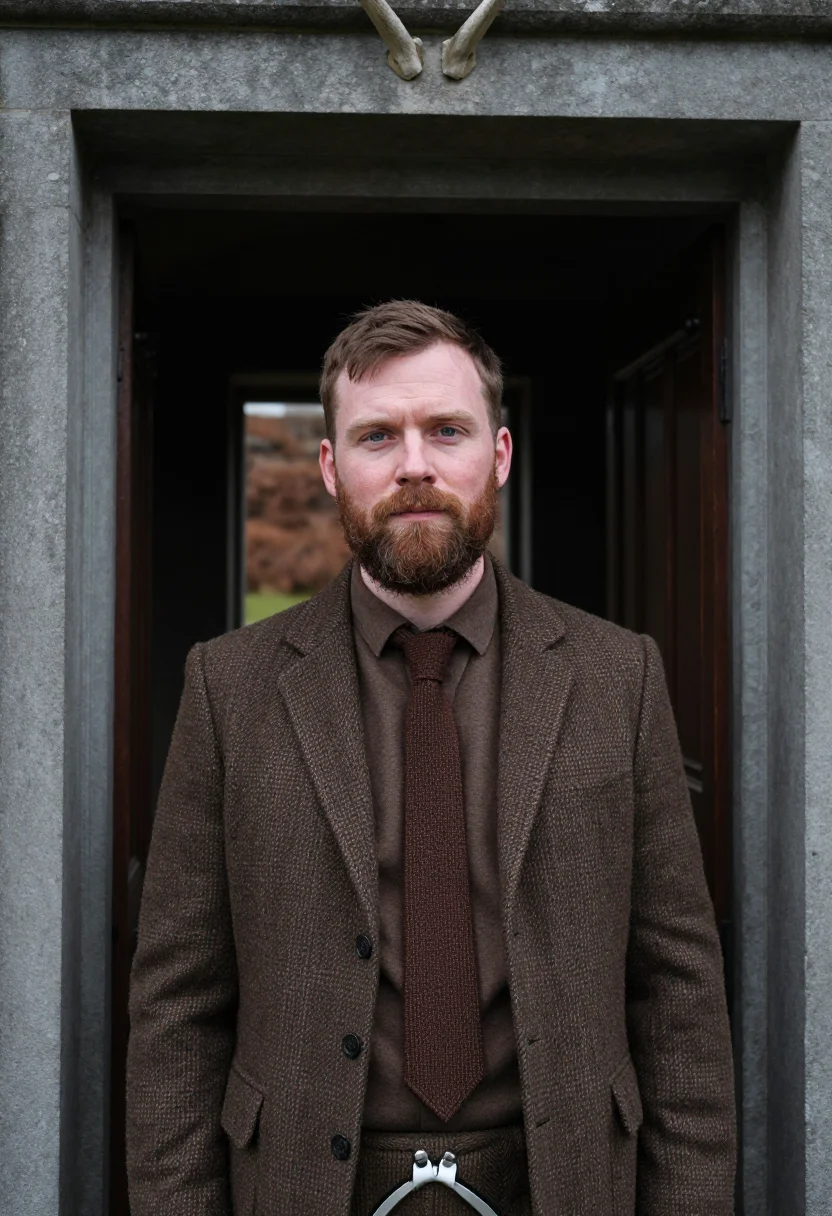 AI gamekeeper october tweed sample — portrait of a man, chest-up portrait of a Scottish man in hi