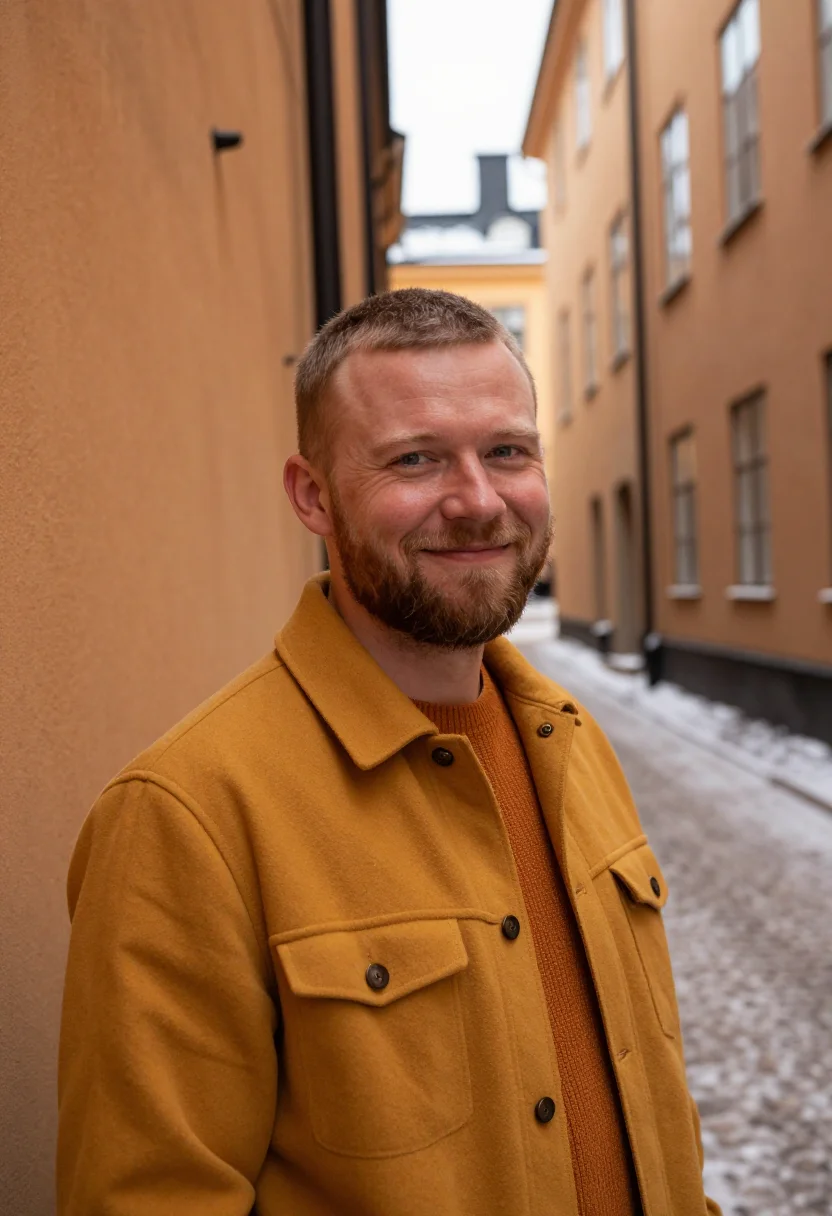 AI gamla stan saffron sample — portrait of a man, framed head and shoulders, the body close