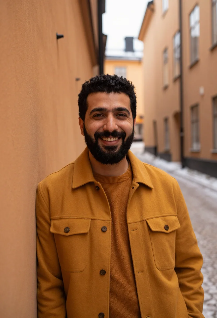 AI gamla stan saffron sample — portrait of a man, framed chest-up to the ribs, the body clo