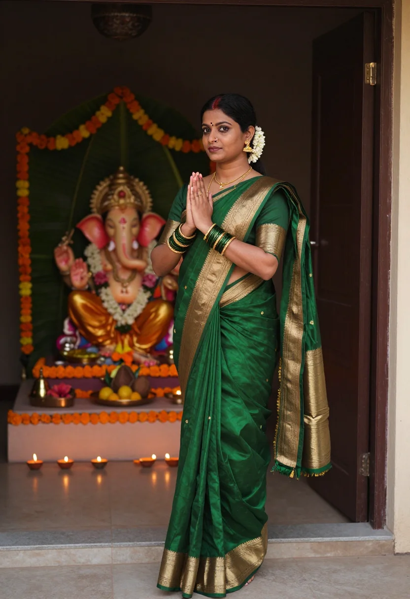 AI ganesh chaturthi sample — portrait of a woman, three-quarter standing portrait of a Ma