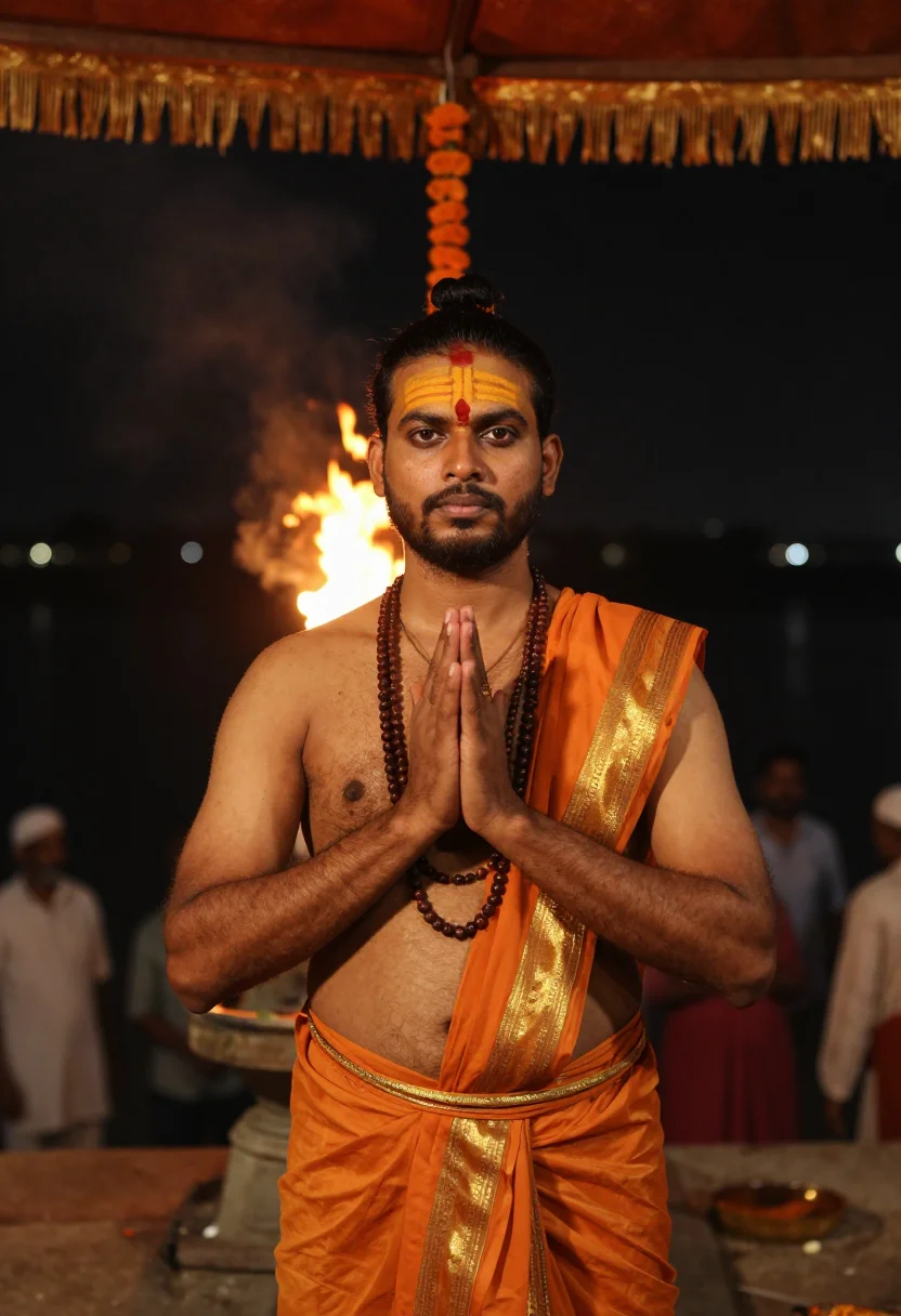 AI ganga aarti sample — portrait of a man, chest-up portrait of an Indian man with w