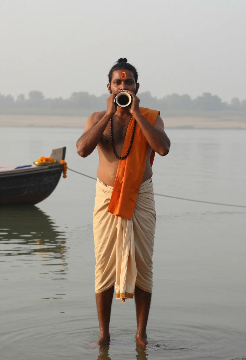 AI ganga aarti sample — portrait of a man, full-length portrait of an Indian man wit