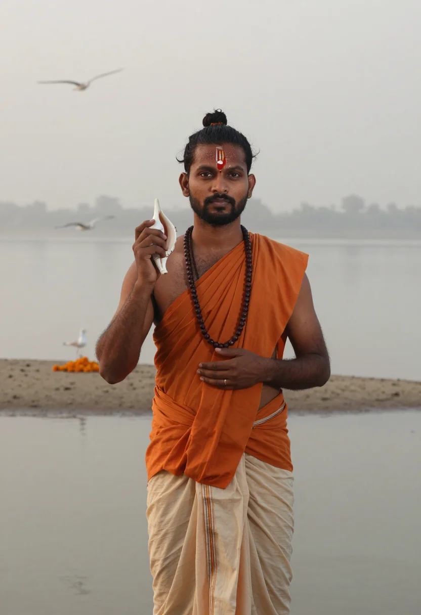 AI ganga aarti sample — portrait of a man, chest-up portrait of an Indian man with w