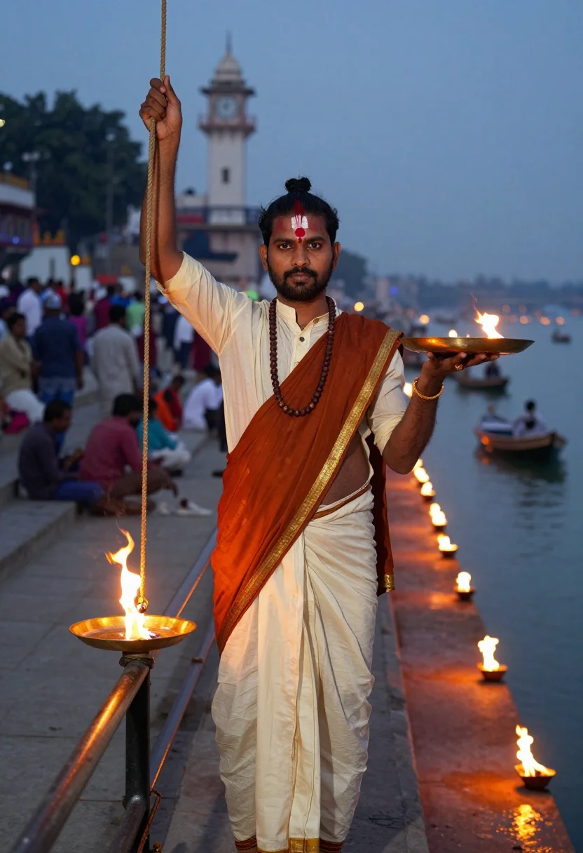 AI ganga aarti sample — portrait of a man, three-quarter-length portrait of an India