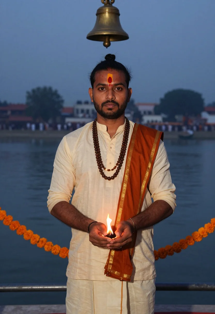 AI ganga aarti sample — portrait of a man, chest-up portrait of an Indian man with w