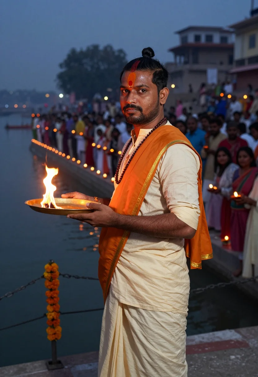 AI ganga aarti sample — portrait of a man, half-length portrait of an Indian man wit