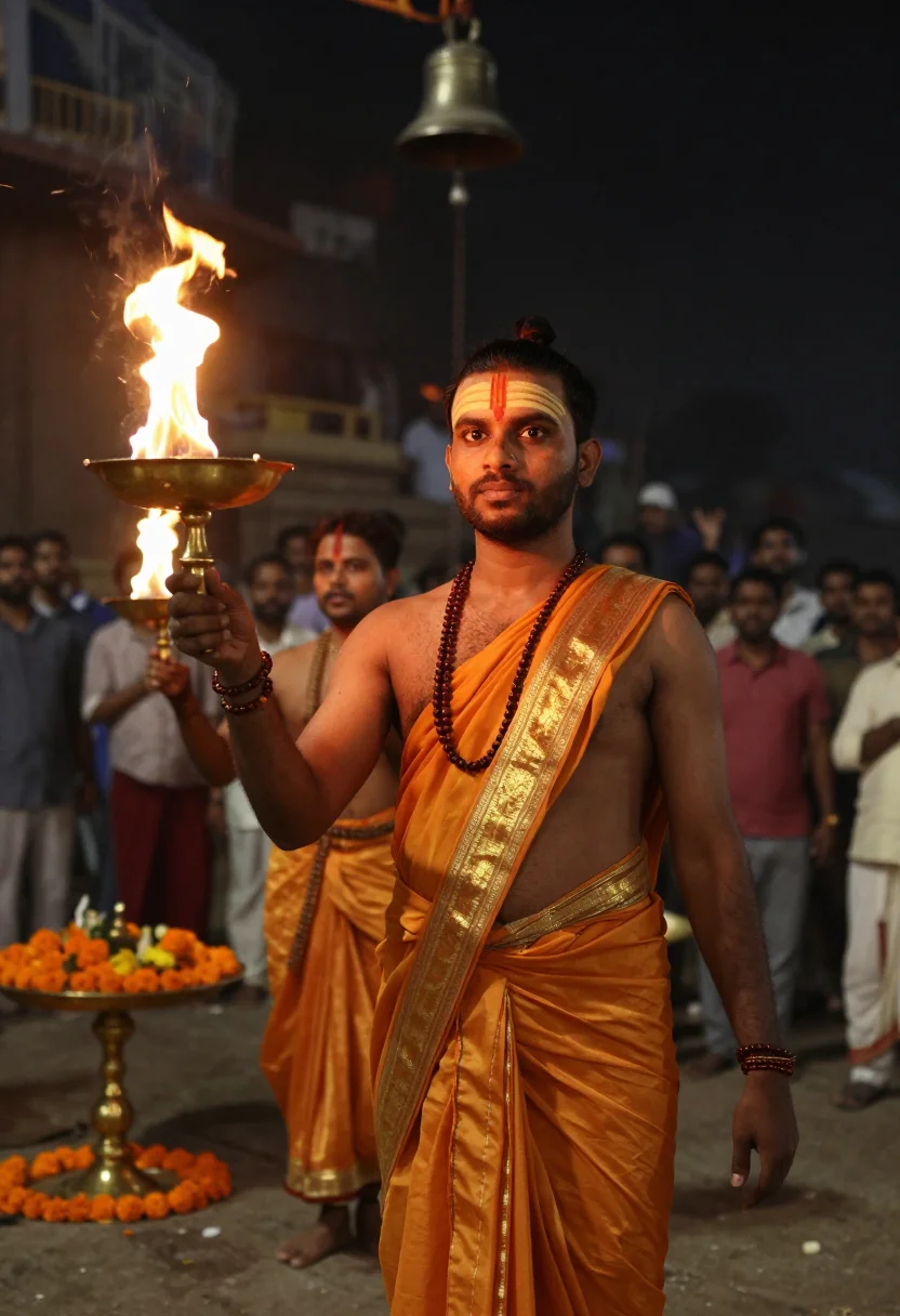 AI ganga aarti sample — portrait of a man, half-length portrait of an Indian man wit
