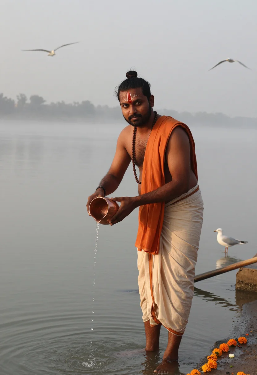 AI ganga aarti sample — portrait of a man, three-quarter-length portrait of an India