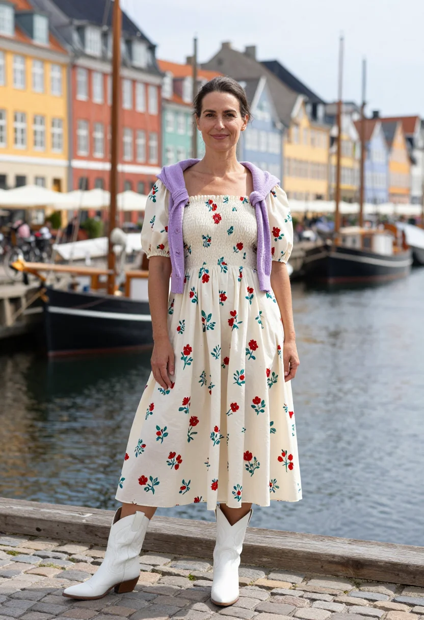 AI ganni copenhagen bike floral cowboy boot palette sample — portrait of a woman, a Danish woman in her late thirties wit
