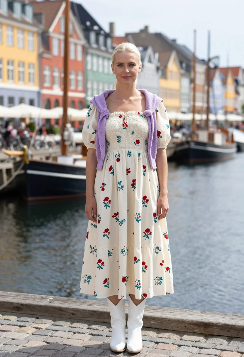 AI ganni copenhagen bike floral cowboy boot palette sample — portrait of a woman, a Norwegian woman in her mid-twenties w