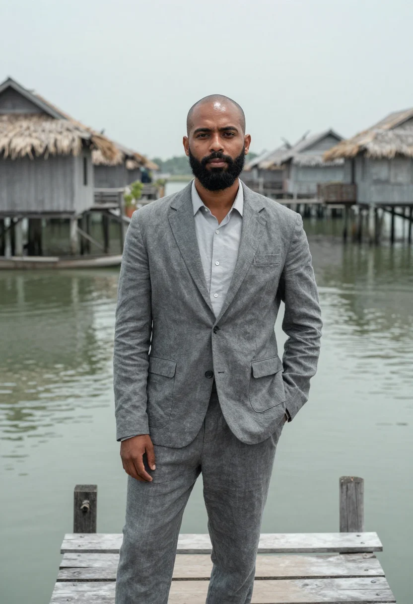 AI ganvie architect stilt village lagoon grey sample — portrait of a man, a Tofinu architect in his mid-thirties wi