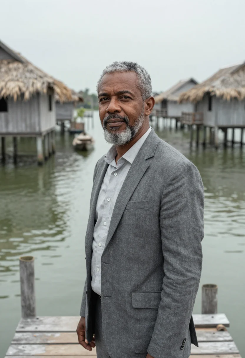 AI ganvie architect stilt village lagoon grey sample — portrait of a man, an Afro-Brazilian architect in his mid-fi