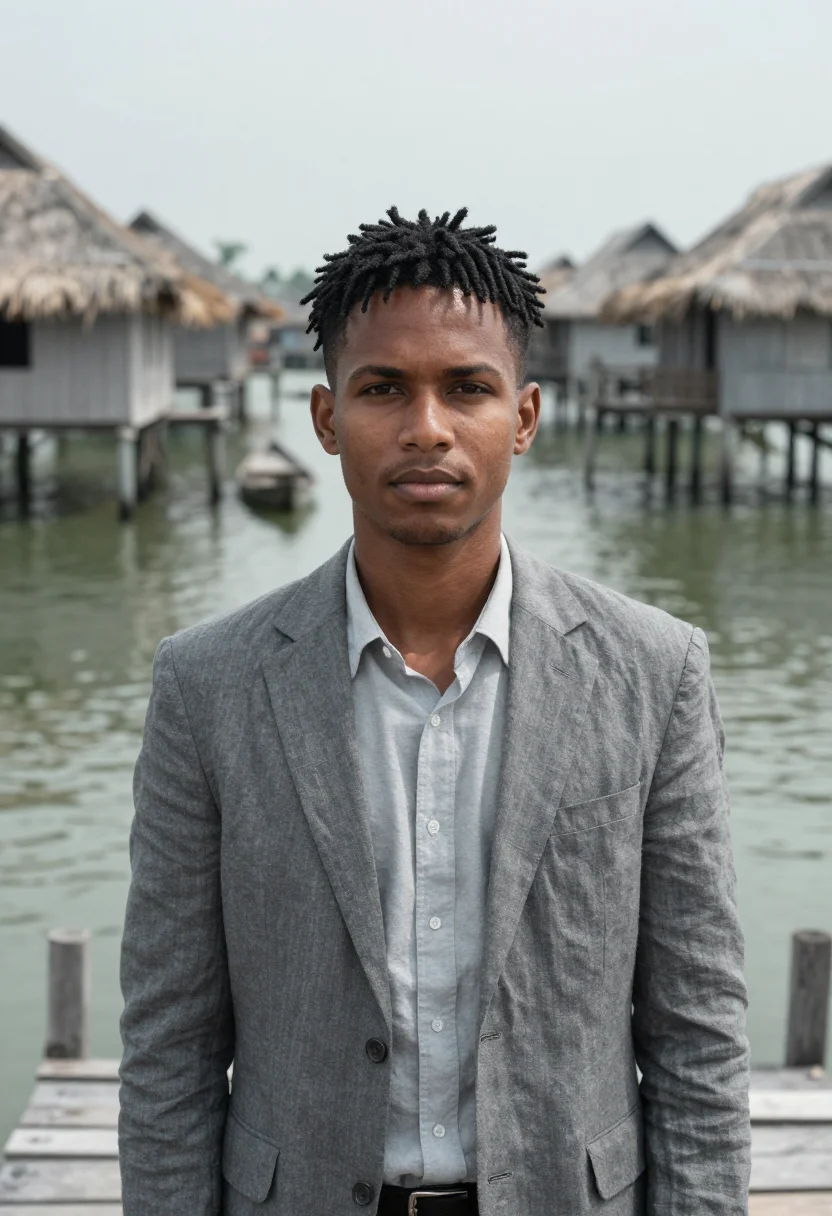 AI ganvie architect stilt village lagoon grey sample — portrait of a man, a Fon architect in his late twenties with