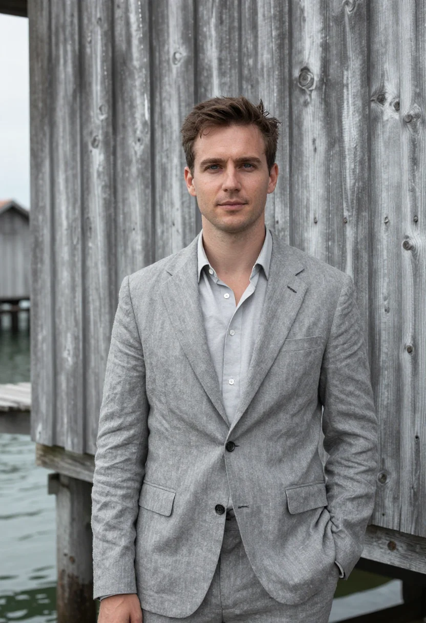 AI ganvie architect stilt village lagoon grey sample — portrait of a man, a French architect in his early forties w