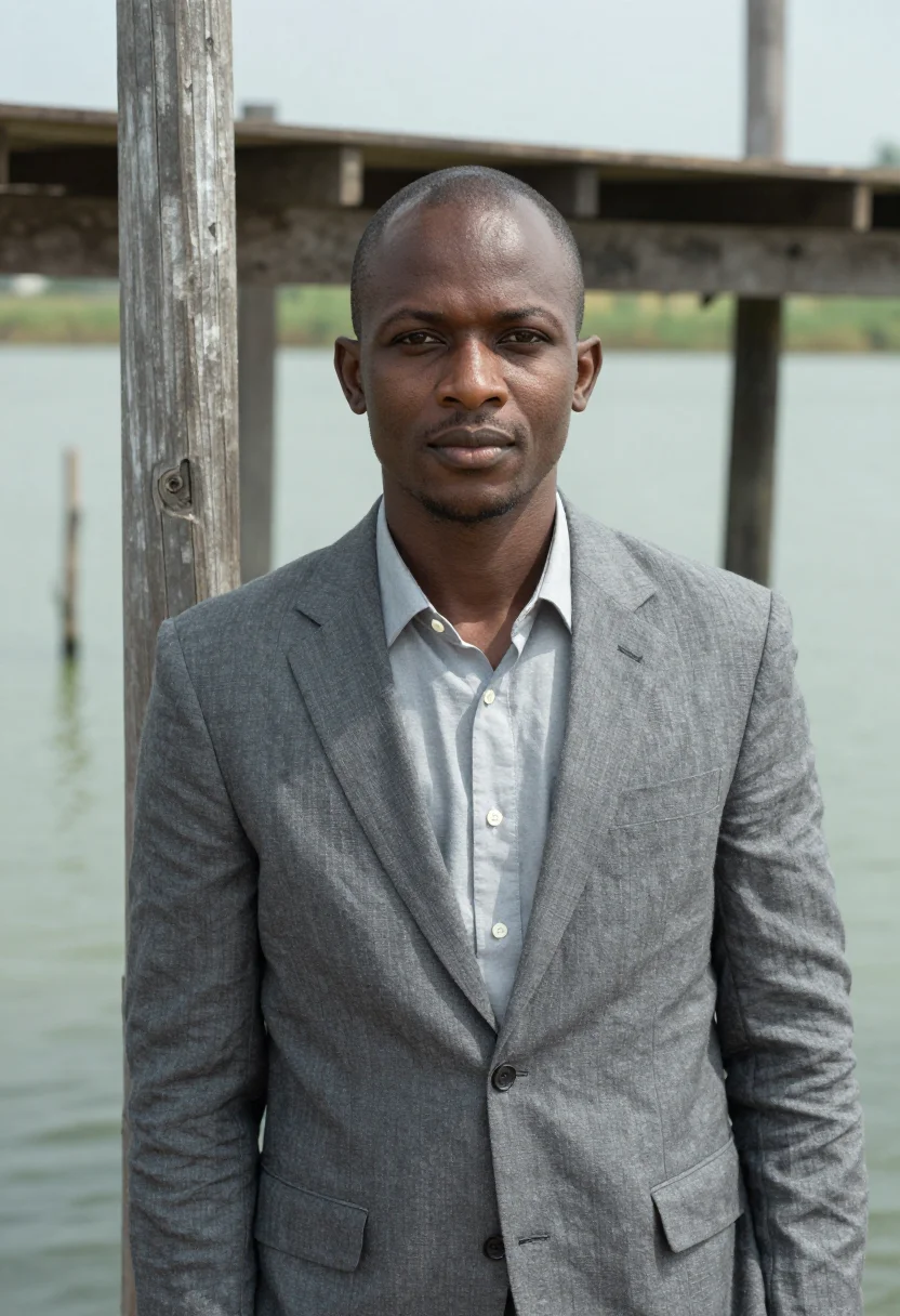 AI ganvie architect stilt village lagoon grey sample — portrait of a man, a Yoruba architect in his early thirties