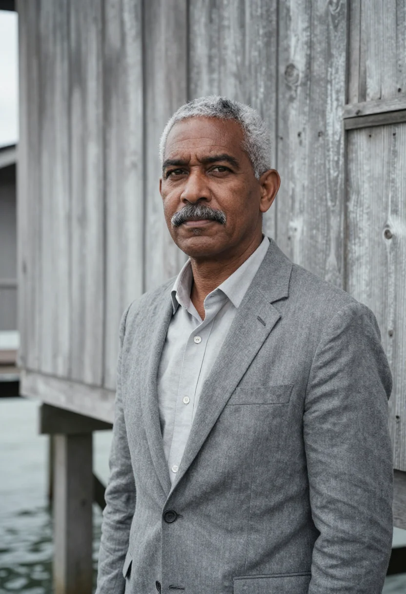AI ganvie architect stilt village lagoon grey sample — portrait of a man, a Fon architect in his early fifties with