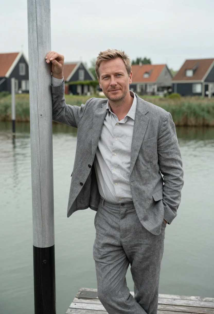 AI ganvie architect stilt village lagoon grey sample — portrait of a man, a Dutch architect in his late thirties wi