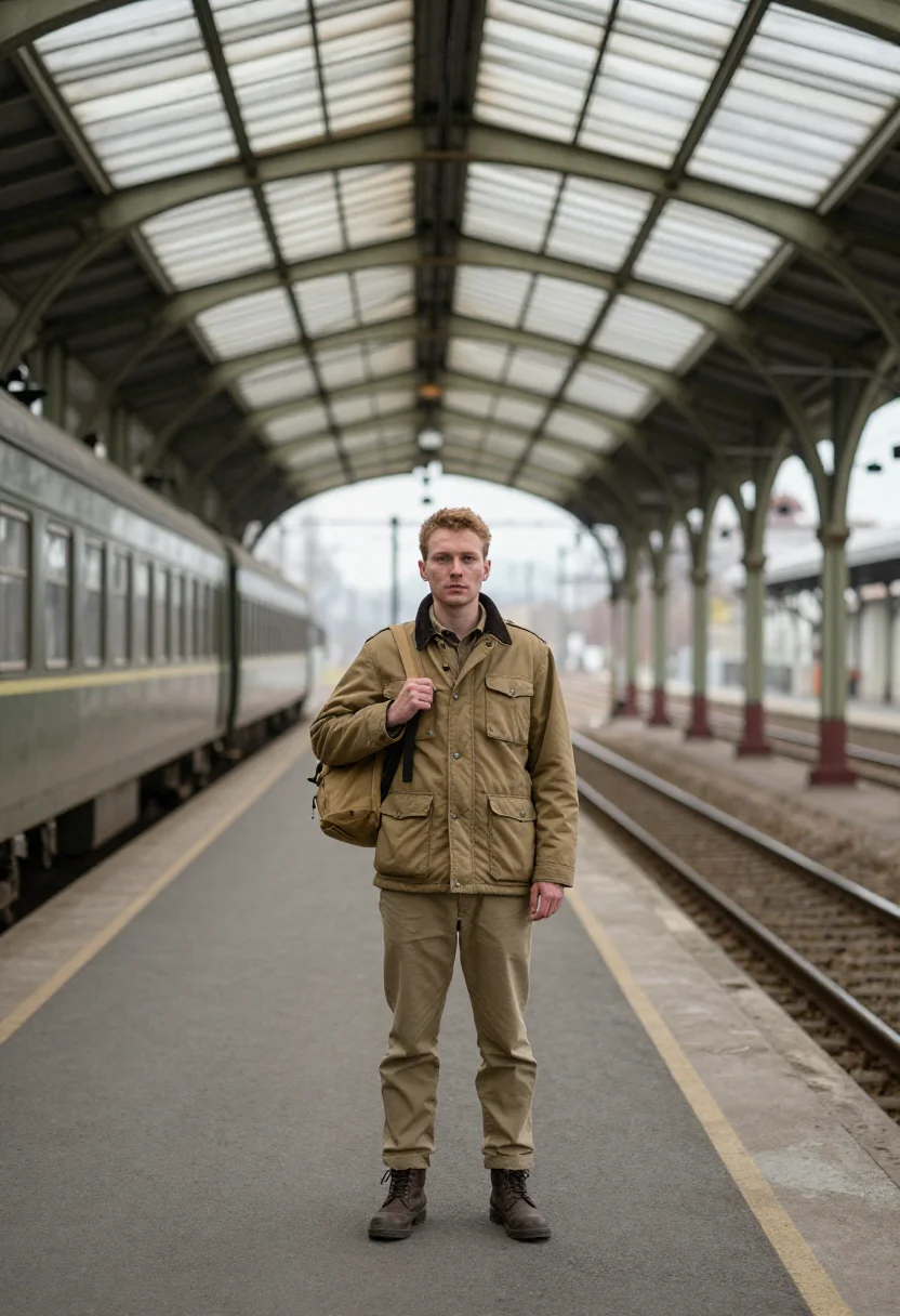 AI gap year platform khaki sample — portrait of a man, framed wide and full-length from the plat