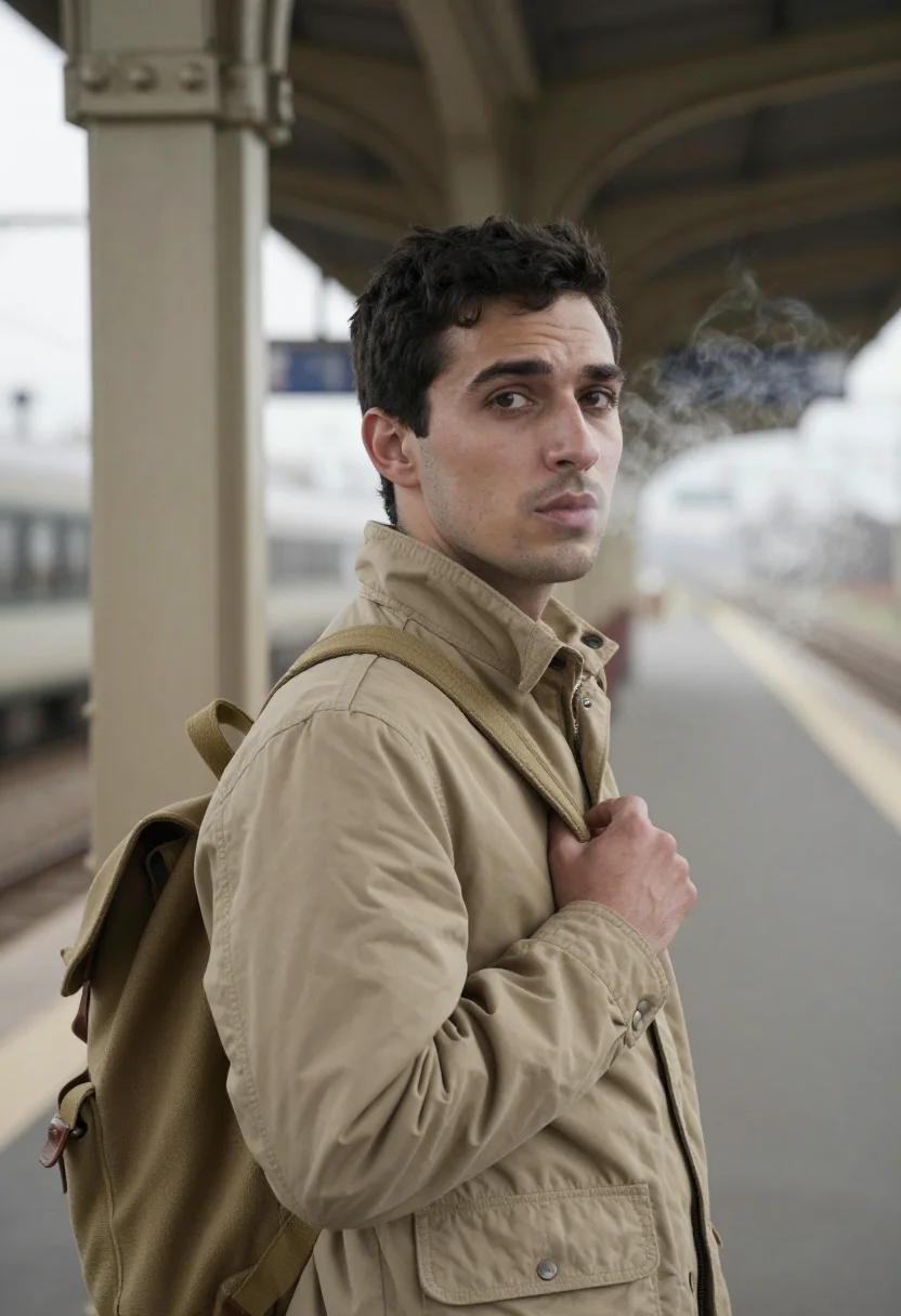 AI gap year platform khaki sample — portrait of a man, framed chest-up, cropped at the ribs, the