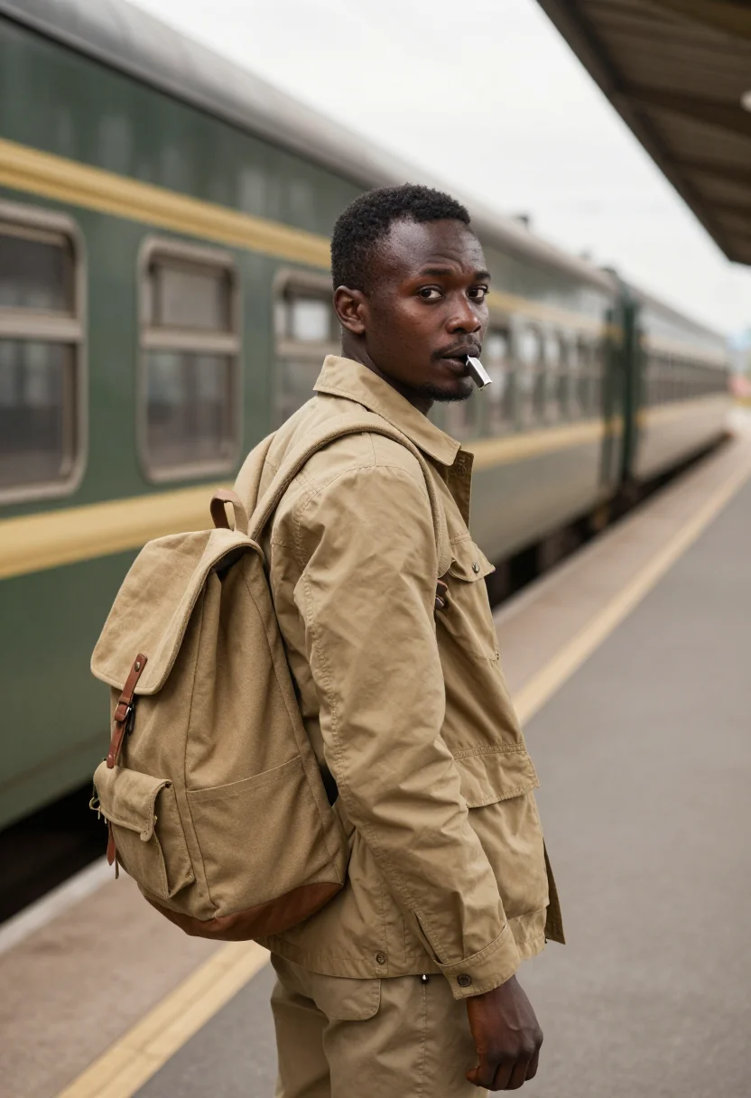 AI gap year platform khaki sample — portrait of a man, framed tight, head and shoulders, the bod