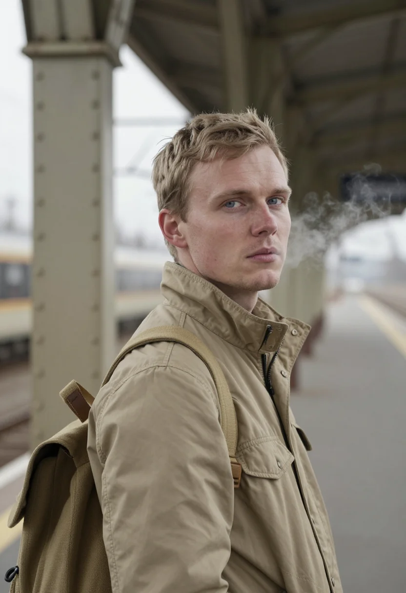 AI gap year platform khaki sample — portrait of a man, framed tight, head and shoulders from a t