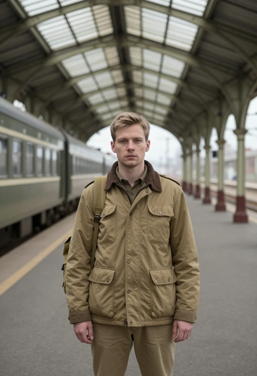 AI gap year platform khaki sample — portrait of a man, framed tight, head and shoulders, the bod