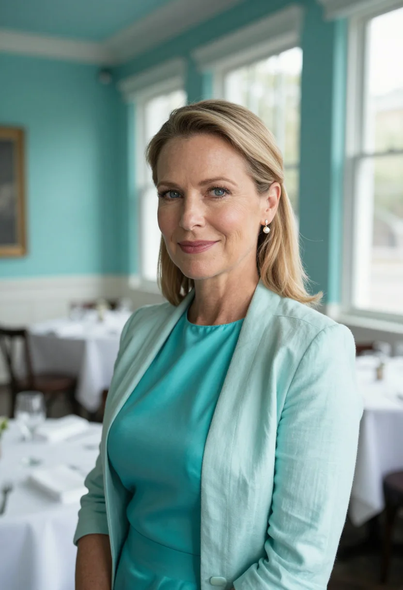 AI garden district restaurateur turquoise sample — portrait of a woman, framed tight, head and shoulders, the b