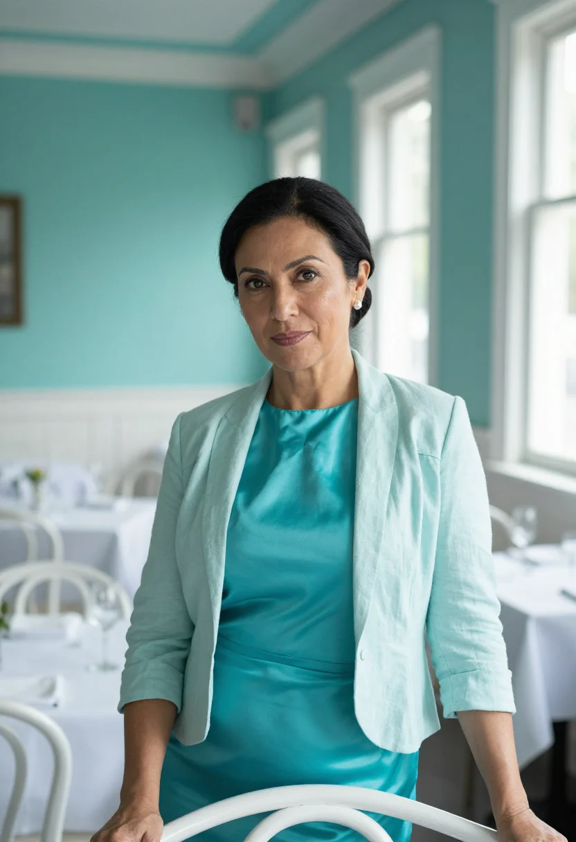 AI garden district restaurateur turquoise sample — portrait of a woman, framed chest-up, cropped at the ribs, t