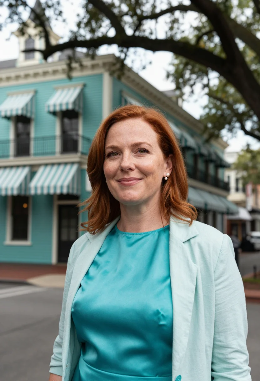 AI garden district restaurateur turquoise sample — portrait of a woman, framed tight, head and shoulders, the b
