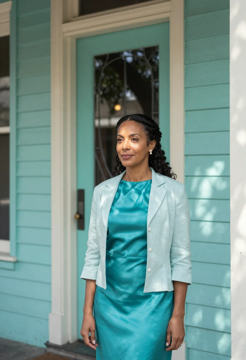 AI garden district restaurateur turquoise sample — portrait of a woman, framed at half-length, cropped at the h