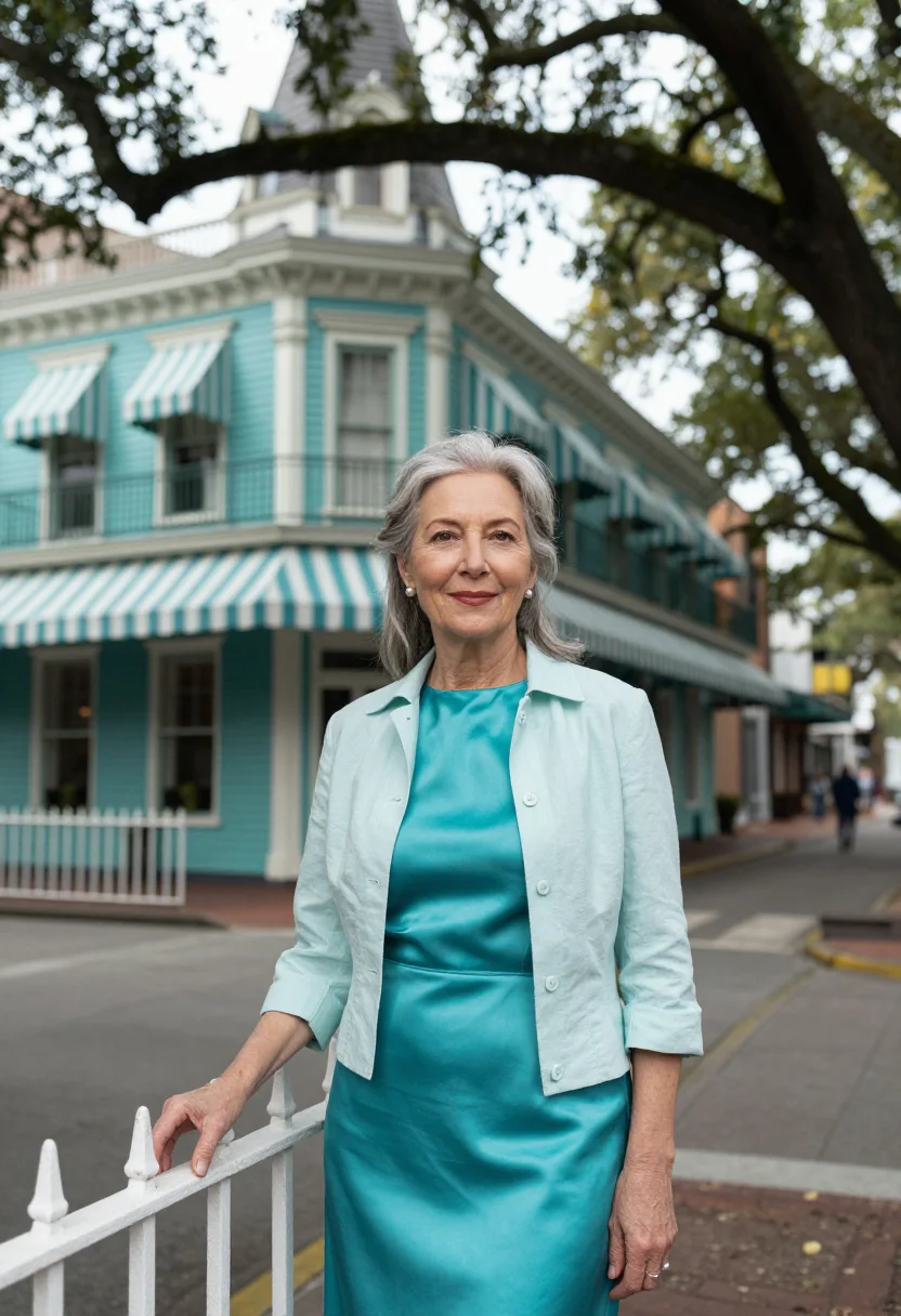 AI garden district restaurateur turquoise sample — portrait of a woman, framed at half-length, cropped at the h