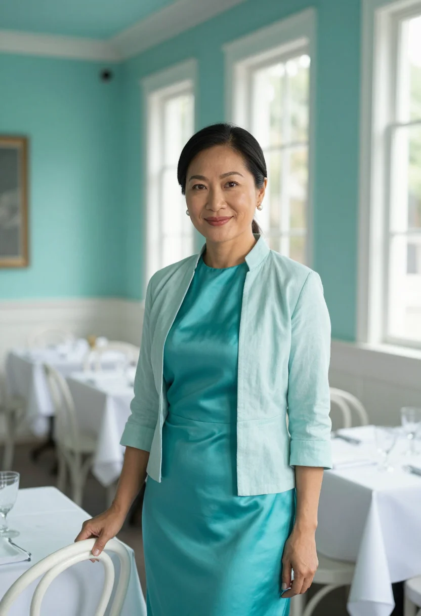 AI garden district restaurateur turquoise sample — portrait of a woman, framed at half-length, cropped at the h