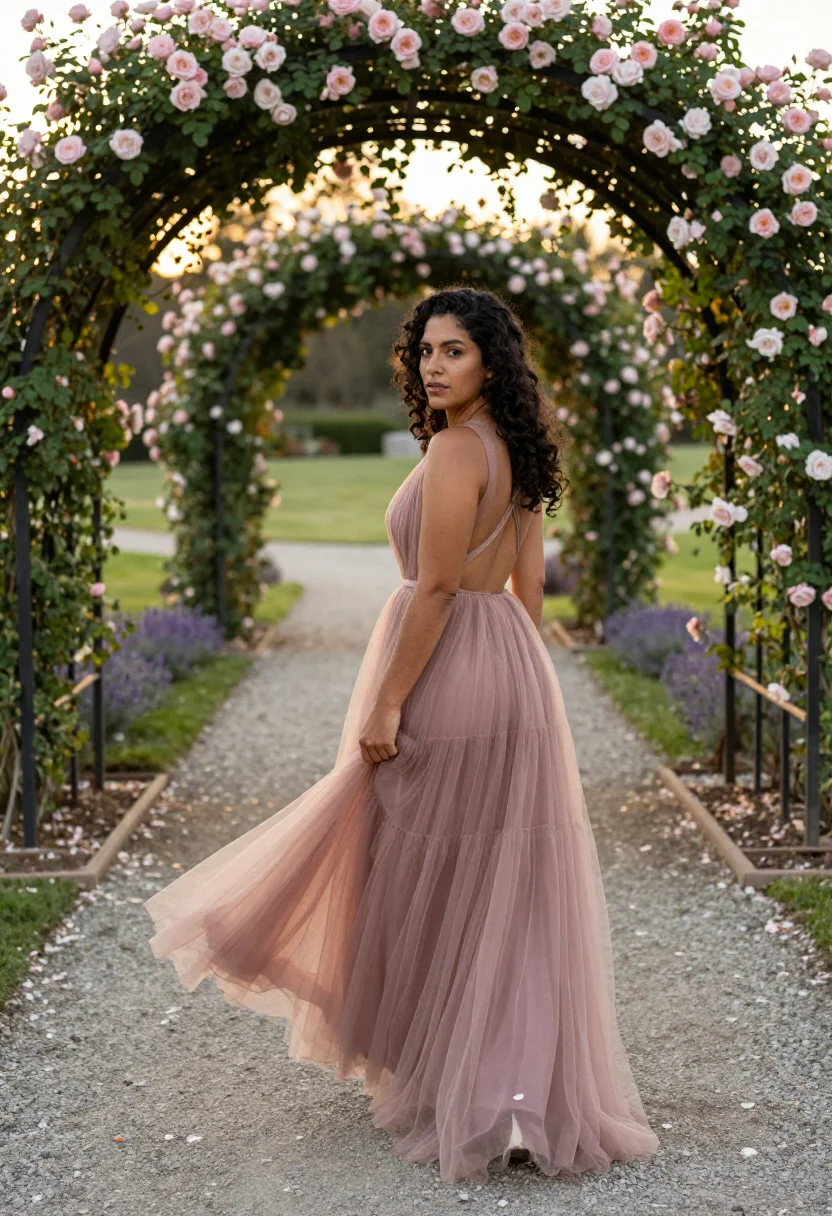 AI garden sample — full-length portrait of a Latin American woman with warm oli