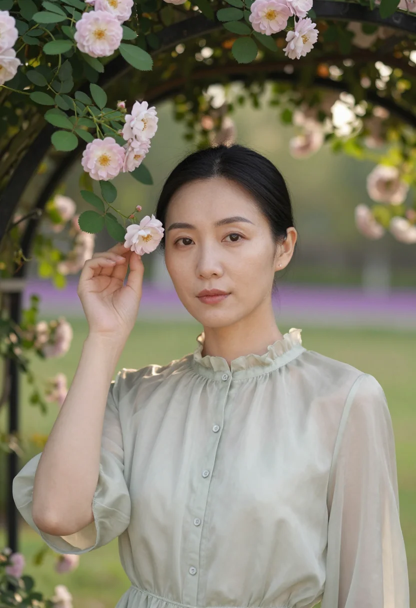 AI garden sample — head-and-shoulders portrait of an East-Asian woman with warm