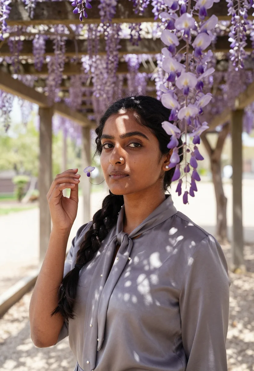AI garden sample — head-and-shoulders portrait of a South-Asian woman with warm
