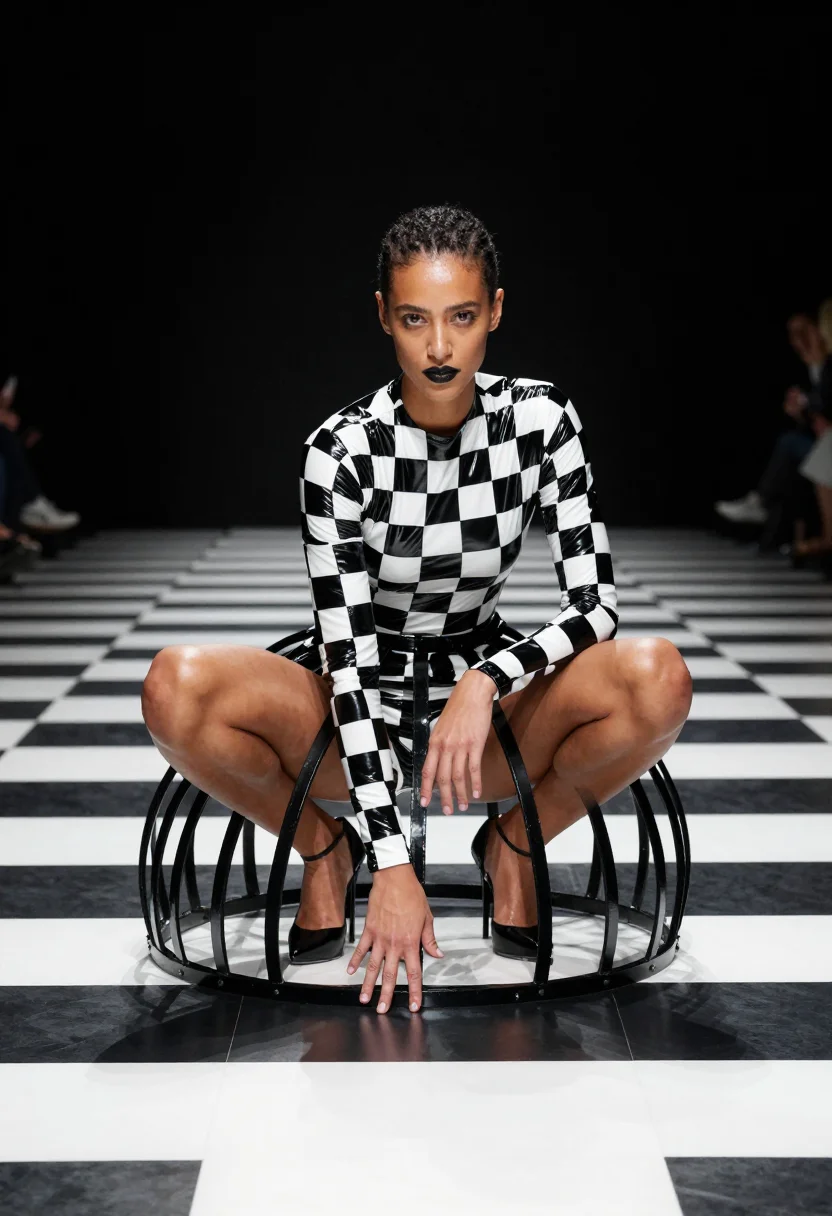 AI gareth pugh sample — portrait of a woman, low-angle wide crouch portrait of a wom