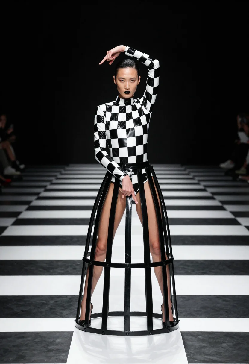 AI gareth pugh sample — portrait of a woman, low-angle wide full-length portrait of