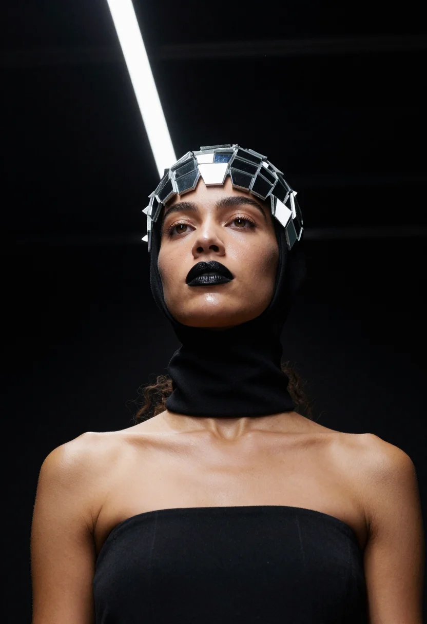 AI gareth pugh sample — portrait of a woman, tight collarbone-up low-angle portrait