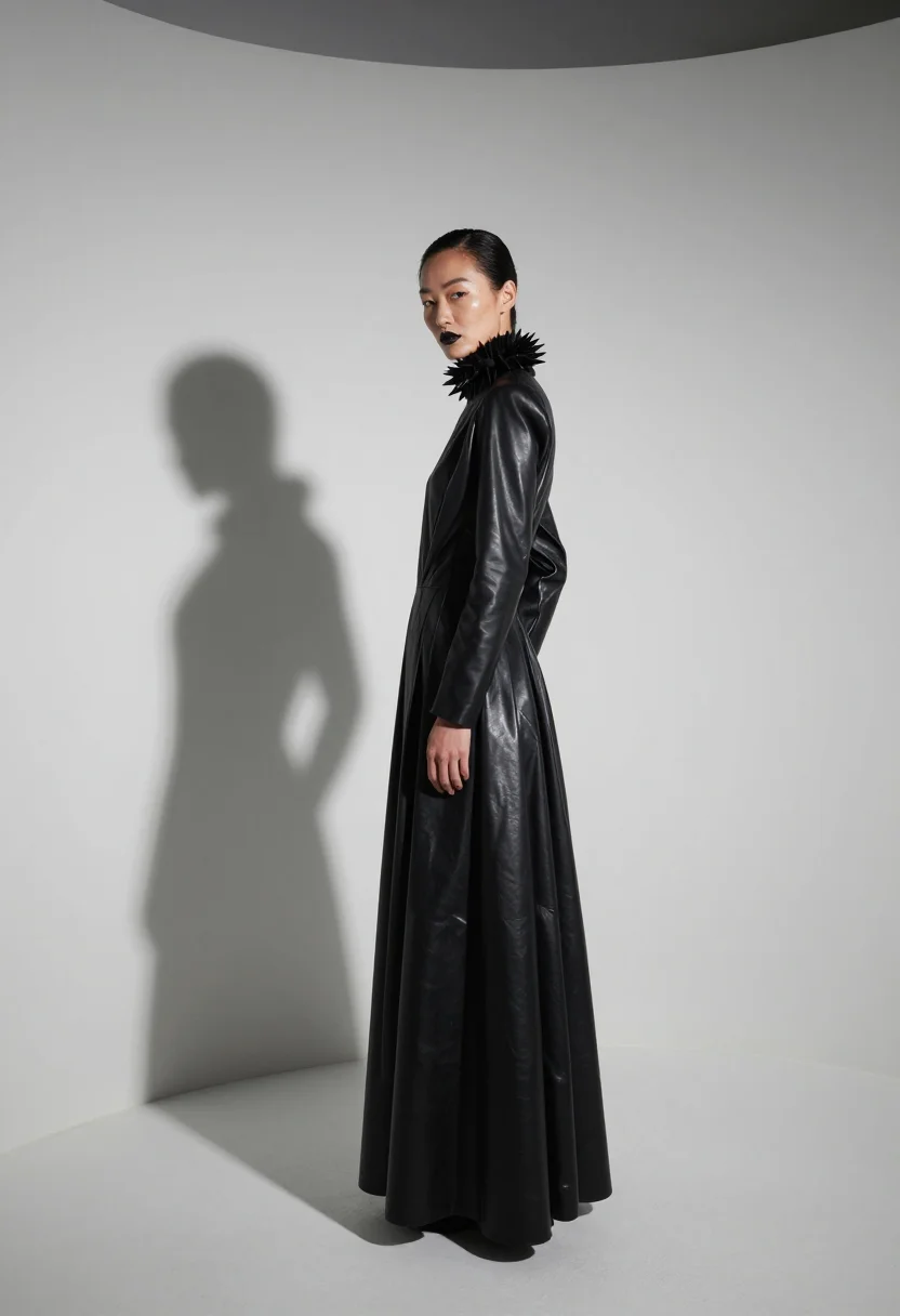 AI gareth pugh sample — portrait of a woman, low-angle full-length profile-turn port