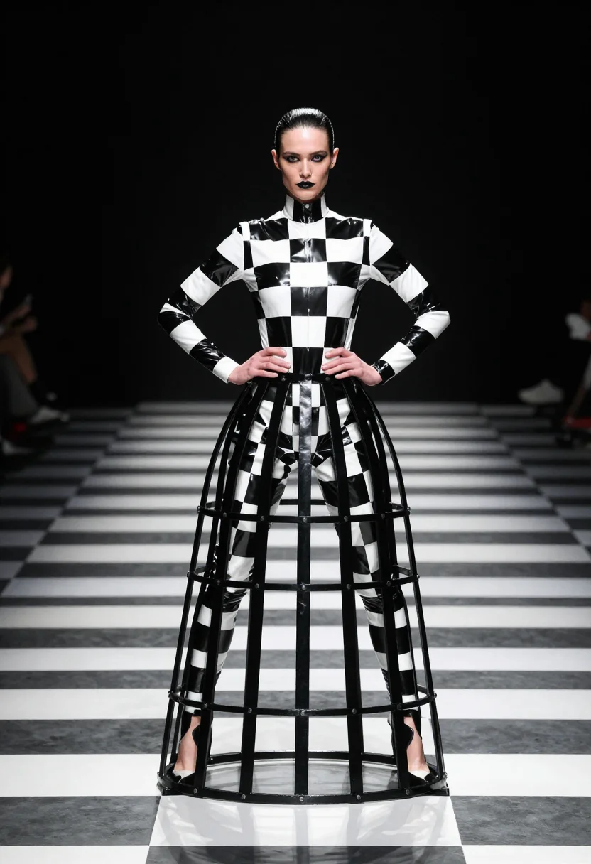 AI gareth pugh sample — portrait of a woman, low-angle wide full-length frontal port