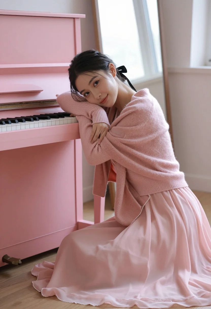 AI garnier pink sample — portrait of a woman, a woman in her mid-twenties with warm b