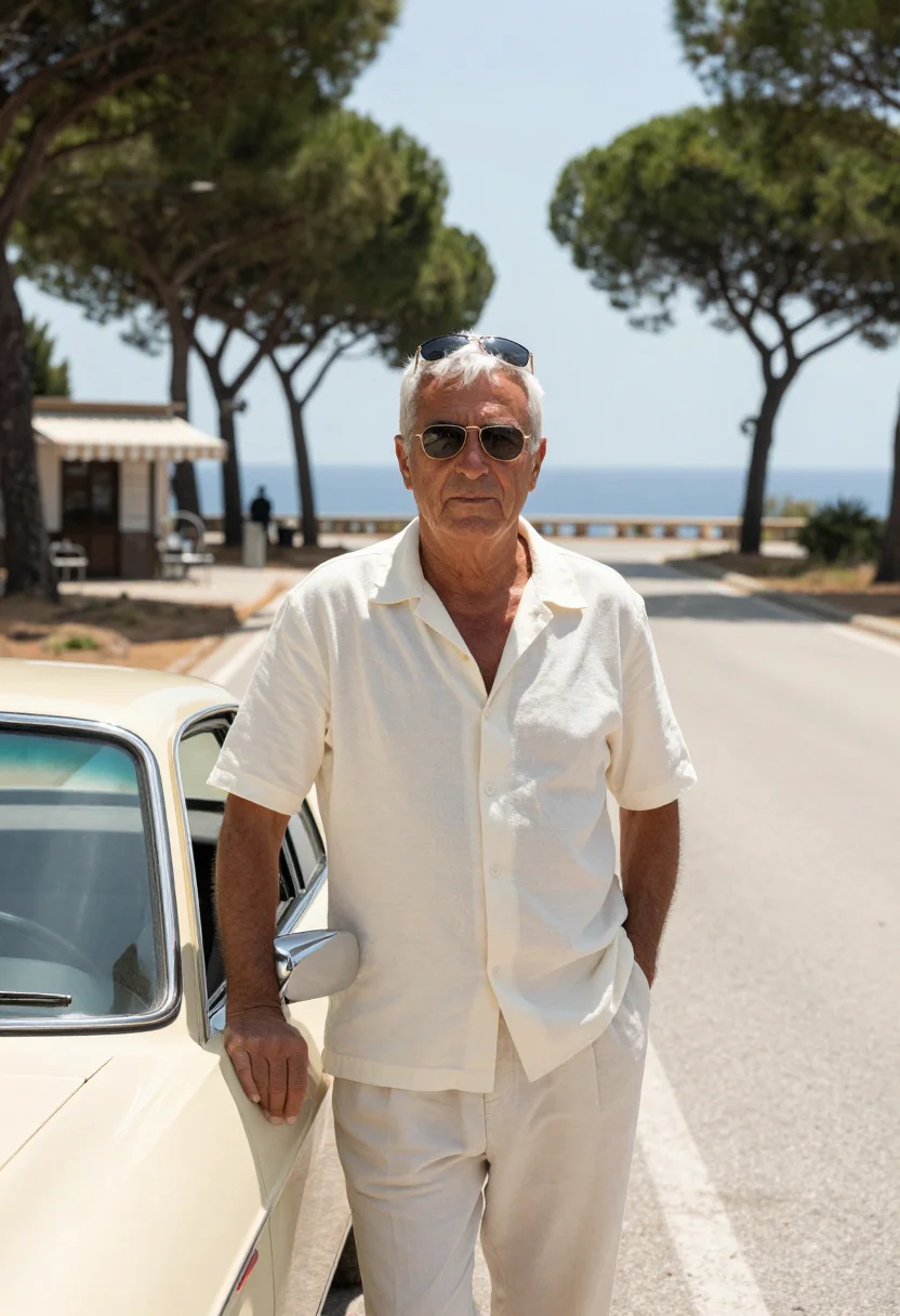 AI gassman il sorpasso aurelia coast cream sample — portrait of a man, a Sicilian man in his mid-fifties with we