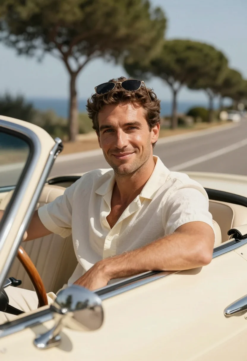 AI gassman il sorpasso aurelia coast cream sample — portrait of a man, a French man in his early thirties with f